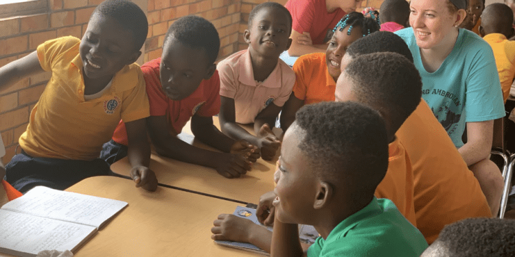 Conroy in 6th grade classroom in Ghana